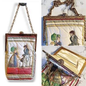 Dbl Sided Quilted Antique Edwardian 1800s Scenes Handbag Intricate Metal Frame R
